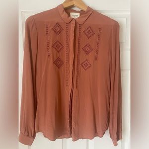 Beautiful terra cotta French girl Sezane silk chemise.  Exquisite lace detailing